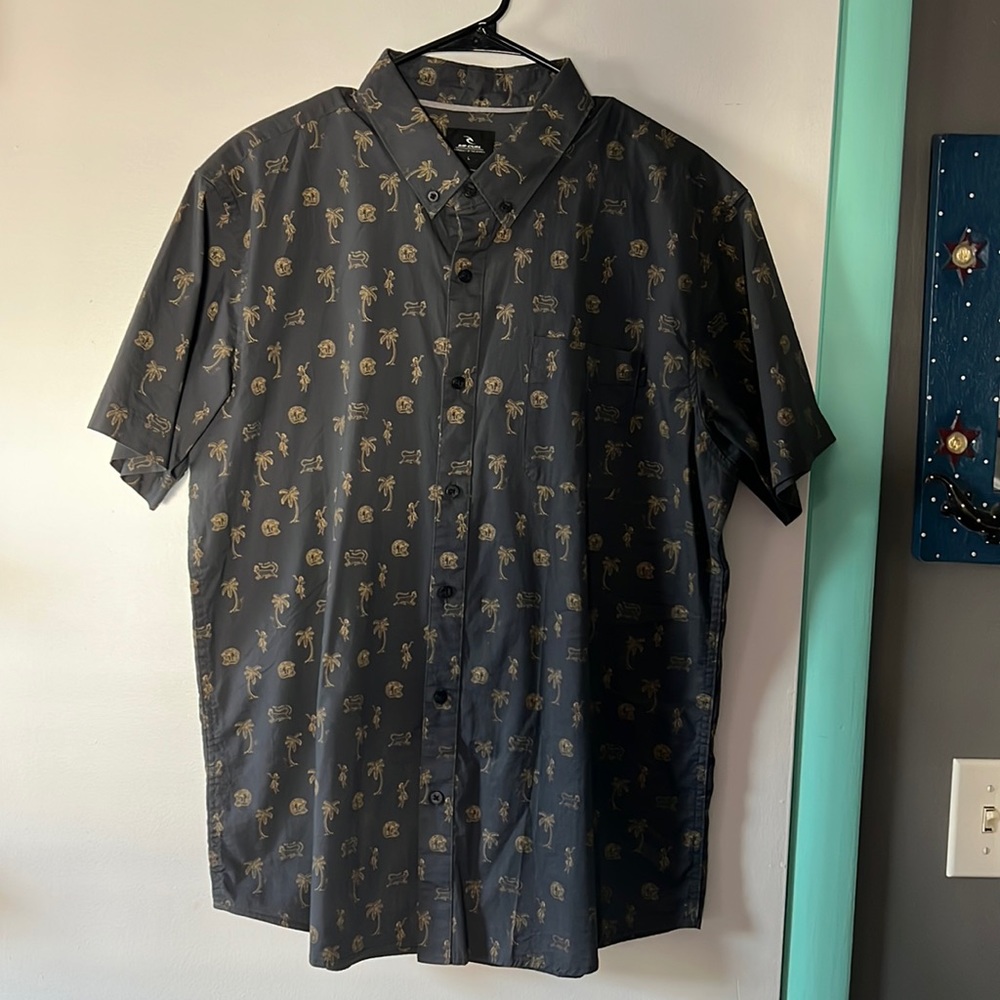 Rip Curl button down with palm tree, cheetah, and hula girl print.